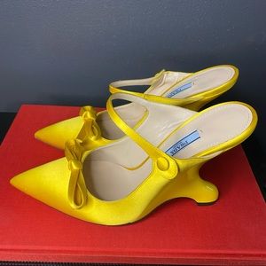 Prada Bow Trim Mules Structural Pointed Heels 7.5